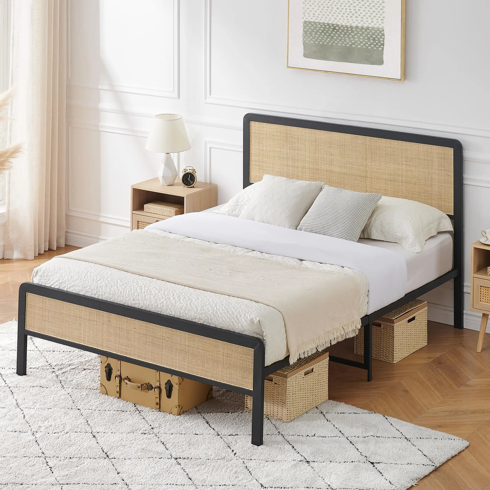 

Queen Size Metal Bed Frame with Rattan Headboard and Footboard, Platform Bed Frame with Safe Rounded Corners, Under Bed Storage