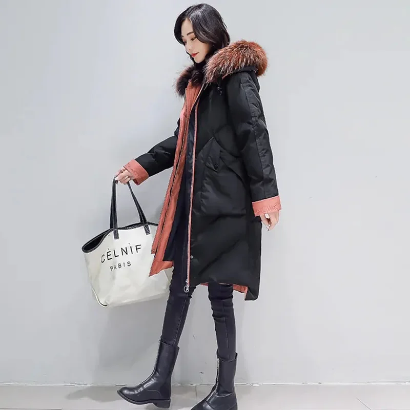 

New Women's 90% White Duck Down Coat Fox Fur Collar Hooded Parker Overcoat Winter Cold Outerwear Fashion Female Long Down Jacket