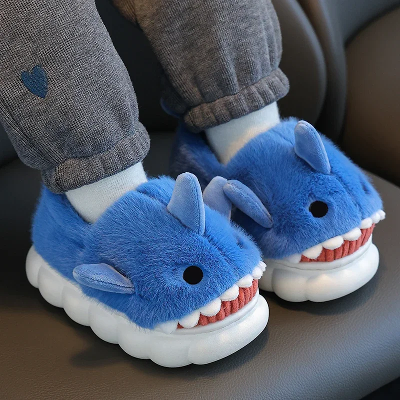 Winter Heel Wrap Cotton Slippers Children\'s Cute Cartoon Shark Non-slip Soft Sole Kids Boys Girls Junior Warm Plush Home Shoes