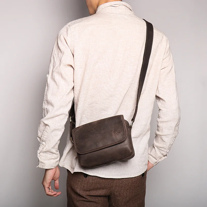 

Real Leather Men's Shoulder Bag Vintage Daily Zipper Flap Phone Man Simple Crazy Horse Retro Sling Ba