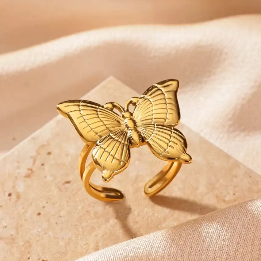 Zarte Schmetterlingsringe für Damen, 18 Karat vergoldeter Edelstahl, Schmetterlingsring mit Öffnung, ästhetischer Schmuck für Hochzeiten und Partys, Geschenk