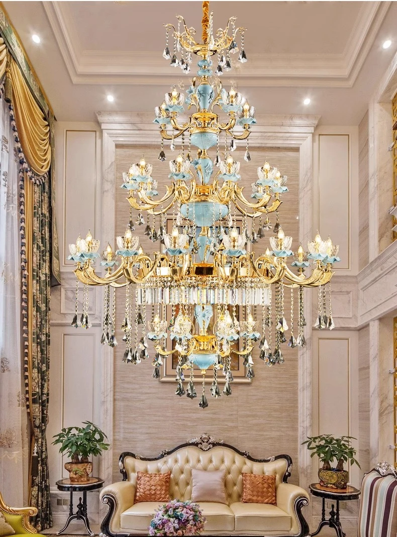 

Copper Duplex Building Pendant Lights Luxury Deramics Crystal Chandelier for Villa Lobby Living Room Dining Room