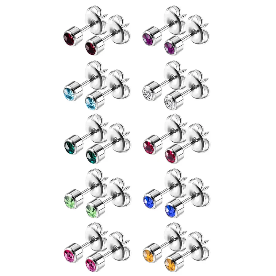 10pairs Colorful Rhinestone Earrings Set Simple Style Stainless Steel Body Ear Jewelry Set for Piercing Tools