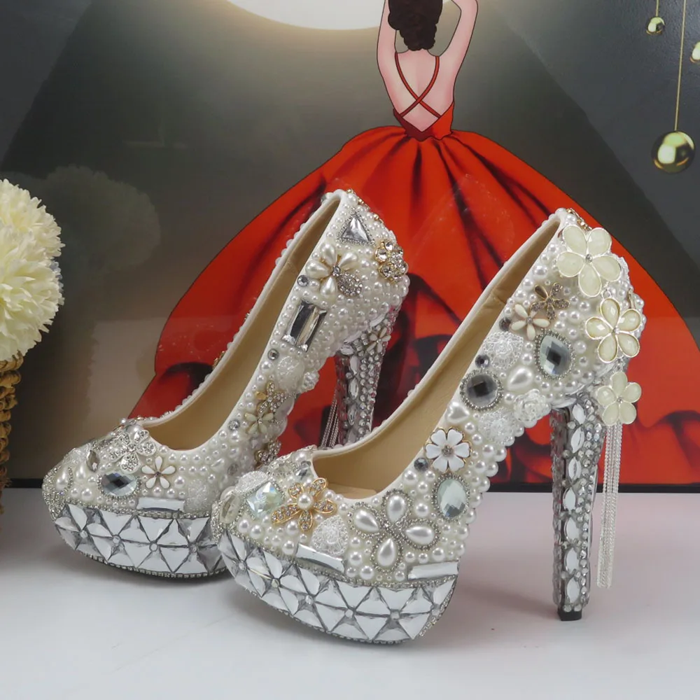 BaoYaFang Luxury White crystal Bridals wedding shoes Peal Platform shoes woman Flower party fashion shoes female high Pumps