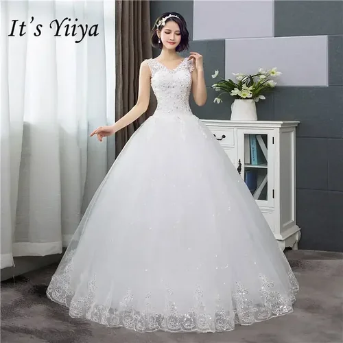 Imagen 1 del producto Vestidos De Novia blanco puro con cuello en V apliques con lentejuelas sin mangas princesa hasta el suelo vestidos De Novia De talla grande HS288
