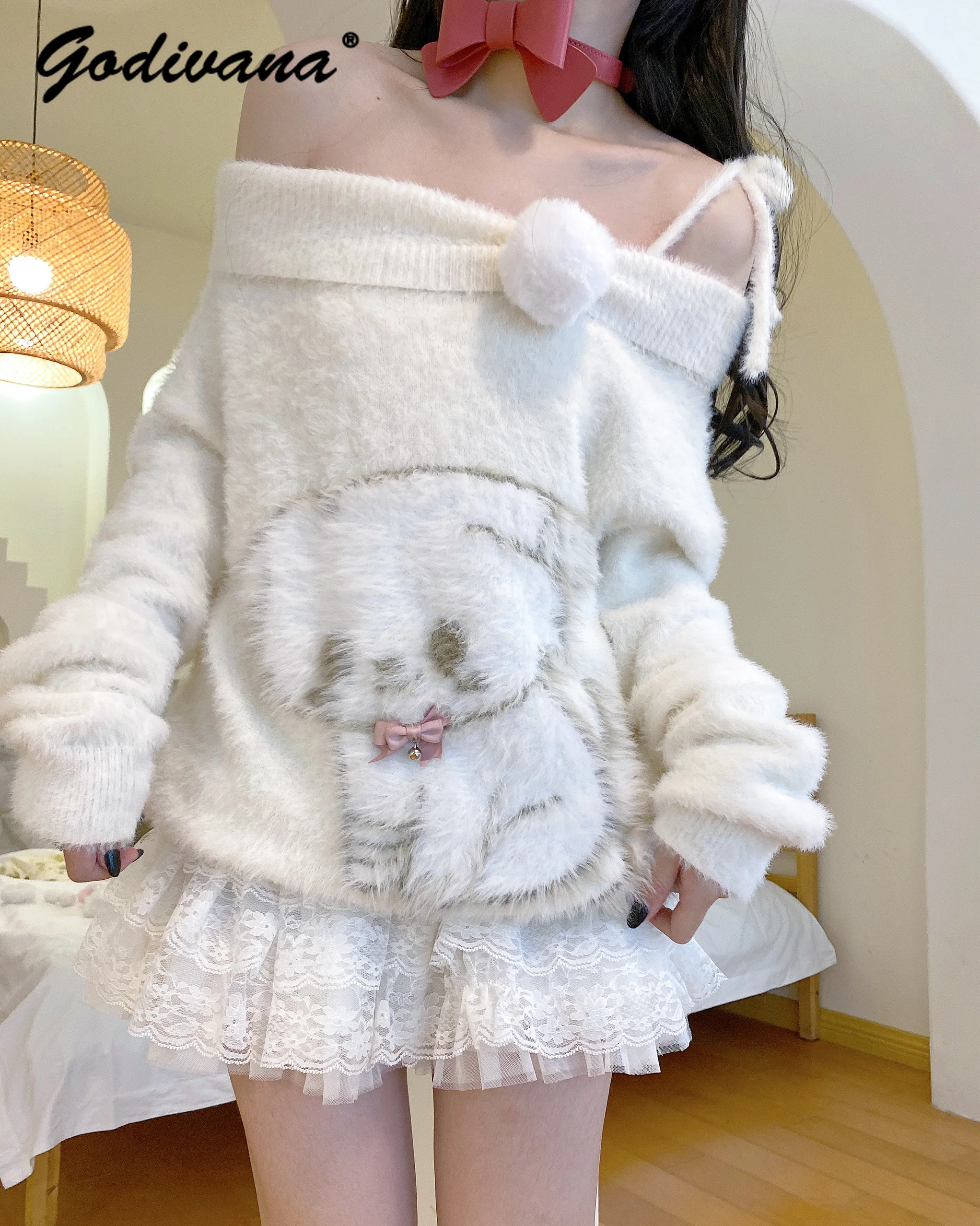 2024 New Autumn Winter Cute Girls Soft Off-the-shoulder Puppy Pullover Sweater Women's Sweet Knitted Top Loose Knitwear