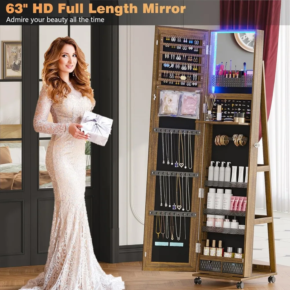 360° Rotating Jewelry Armoire, Full Length Mirror Large Capacity 3 Color Dimmable Jewelry Organizer Armoire, Lockable Standing