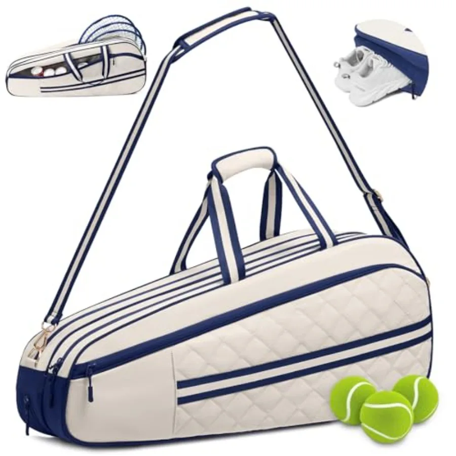 Tennis Bag for Women and Men, 3-6 Rackets Tennis Racket Bag with Shoe Compartment and Insulated Pocket, Water-Resistant Gym Bag