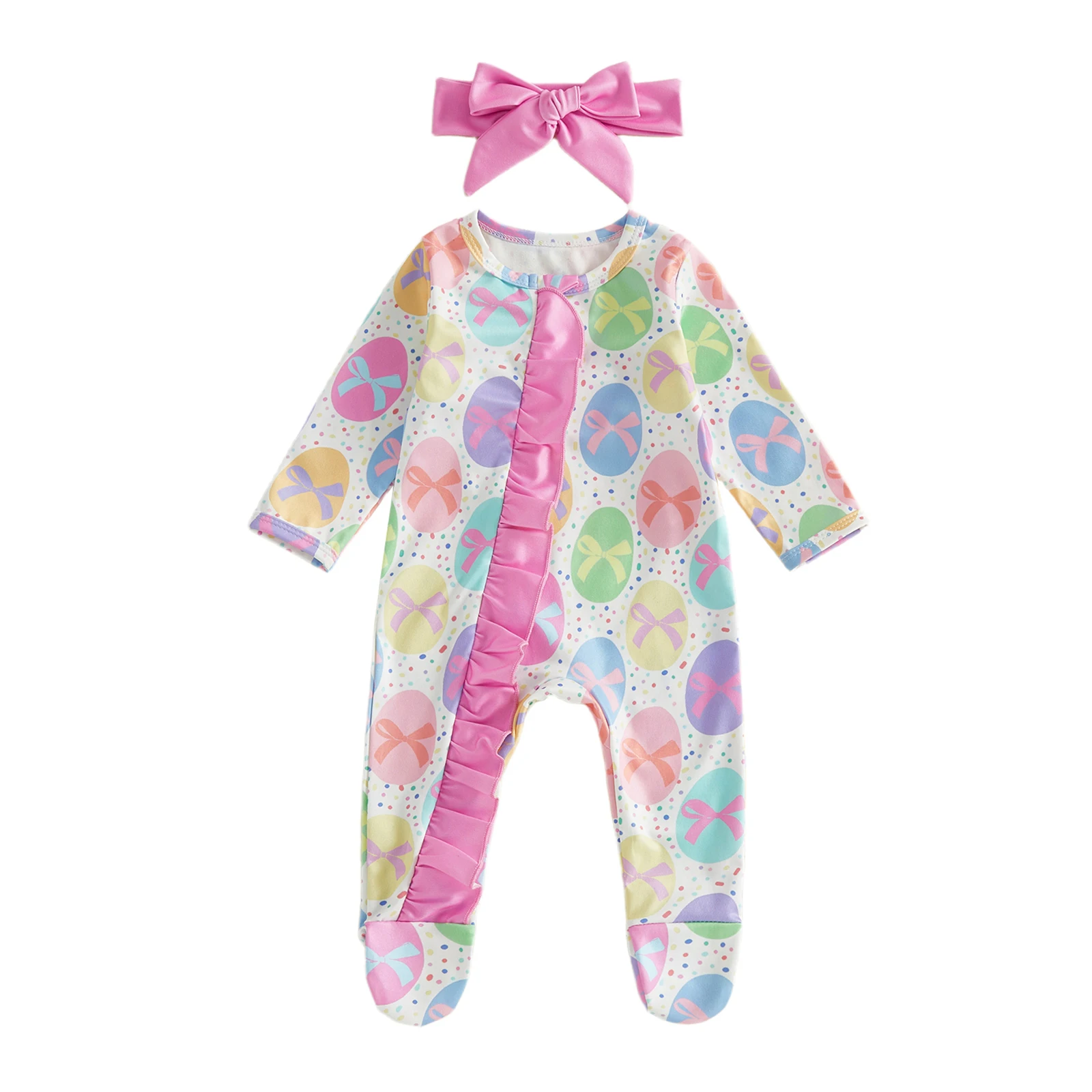 

Комбинезоны-футзалинки для девочек, пасхальная одежда, с принтом пасхальных яиц, с оборками, круглым вырезом, длинными рукавами, боди-комбинезоны с повязкой на голову