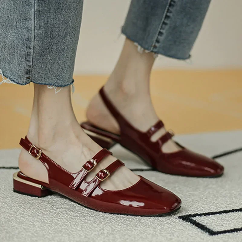 Women Sandals Summer Shoes Woman Flats Double Buckle Mary Janes Shoes Patent Leather Dress Shoes Back Strap Zapatos Mujer