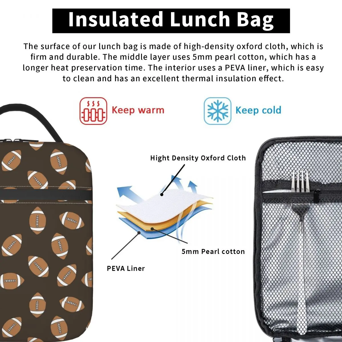 American Football Doodle Pattern Insulated Lunch Tote Bag Rugby Ball Resuable Cooler Thermal Food Lunch Box Work School Travel