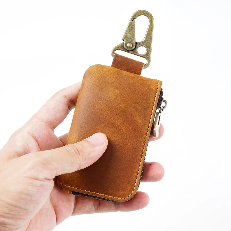 

ZK30 Handmade Leather Car Key Holder Wallet for Men and Coin Pocket Cow Leather Coin Holder Keychain