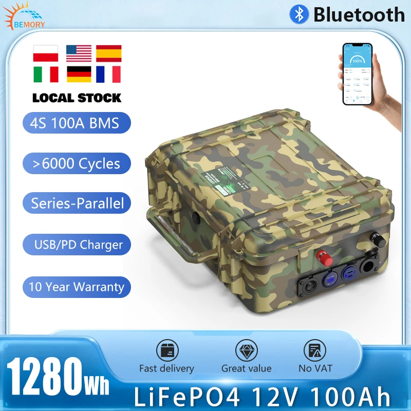 

12V 100Ah LiFePO4 Battery Bluetooth BMS 12.8V 120ah 6000+ Cycles Grade A Cell PD USB Waterproof IP65 For RV Fishing Boats No Tax