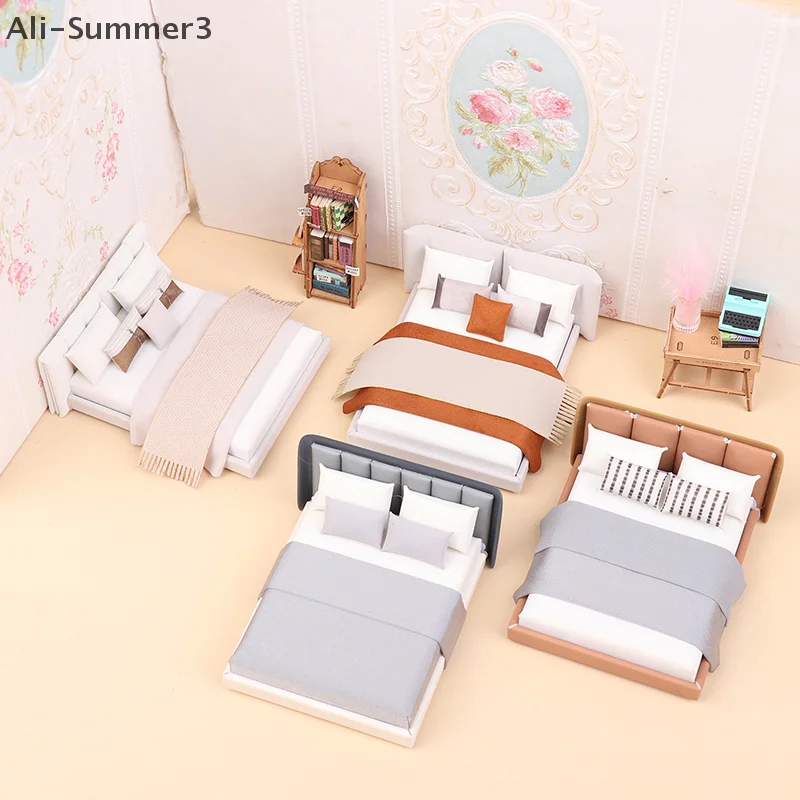 

Dollhouse New Cream Style Double Bed Model Micro Scene Model Miniature Furniture Dolls Accessory Simulated Furniture Ornament