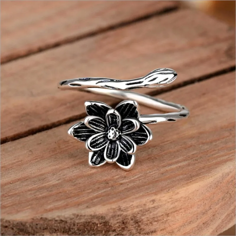 925 Sterling Silver Vintage Lotus Flower Ring for Women Boho Jewelry Gift Wedding Party Jewelry Gifts