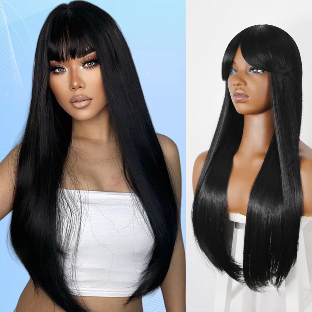 

Длинный прямой синтетический парик для женщин со средним разрезом, термостойкие черные волосы высокой плотности с челкой для ежедневного использования и вечеринок