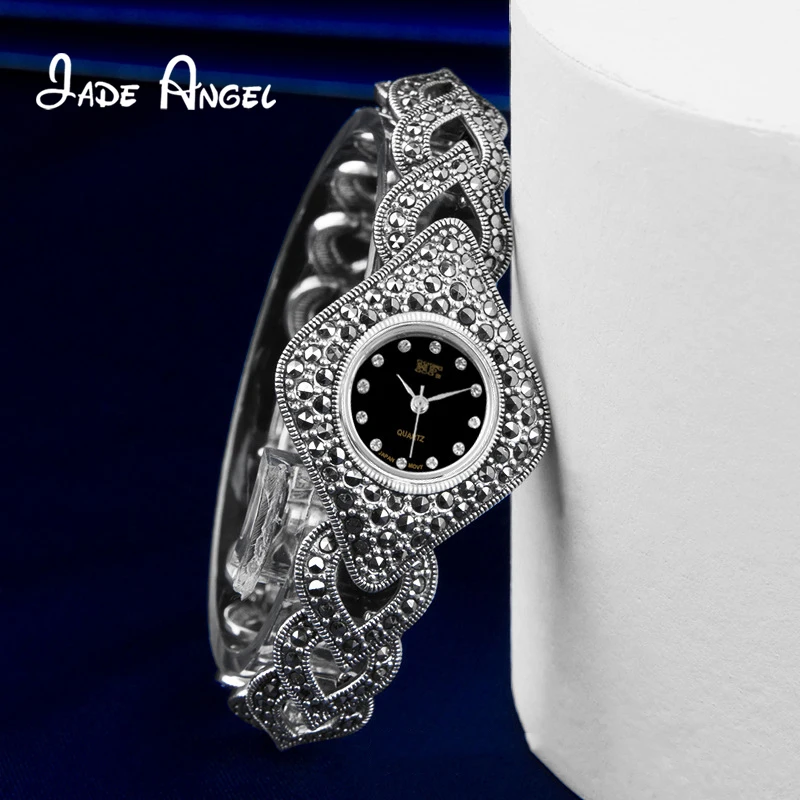 Jade Angel 925 Sterling Silver Marcasite Quartz Wristwatch Vintage Diamond-shaped Dial Watch Bracelet with 13mm Watch Strap