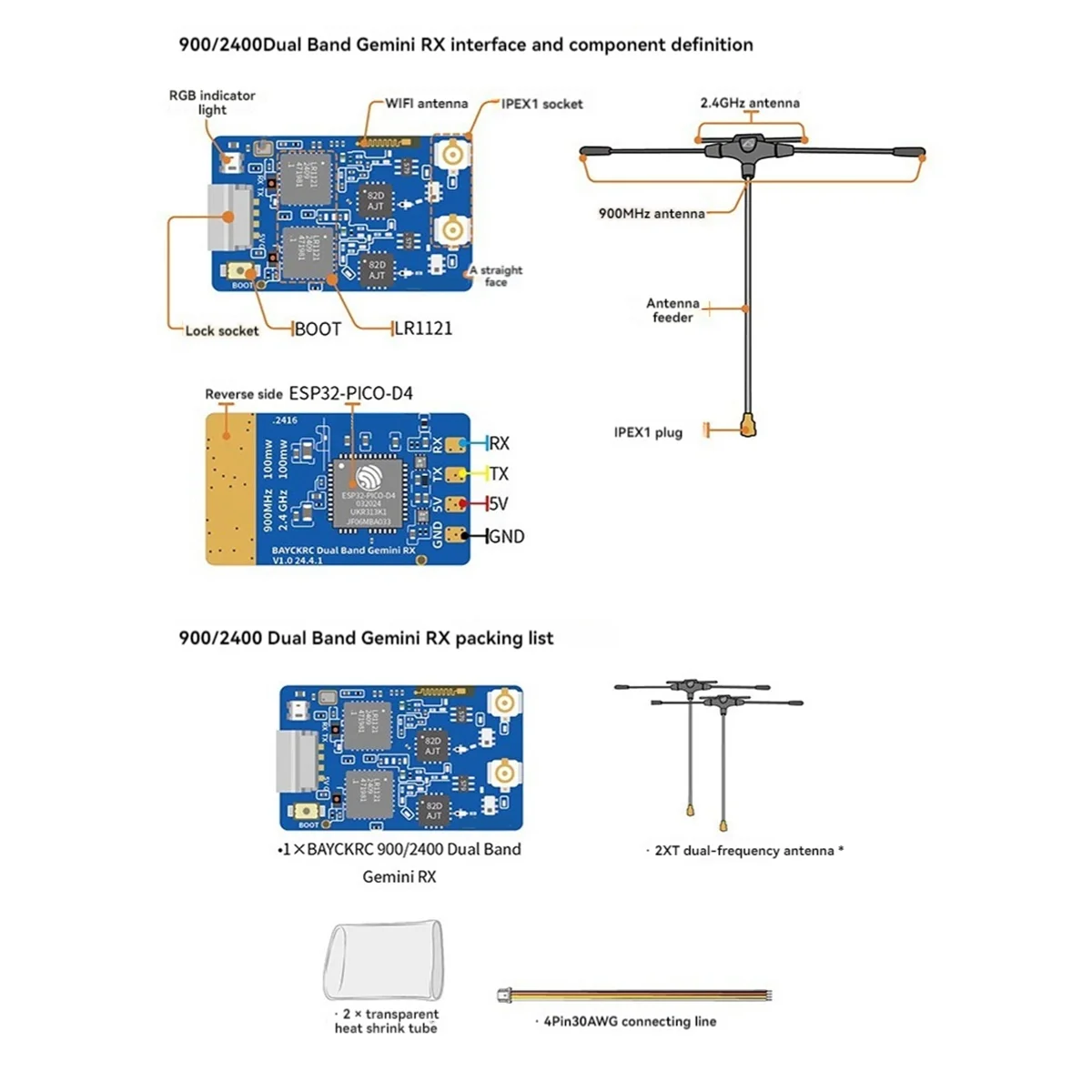 Récepteur ELRS pour importateur de course RC FPV, 900MHz, 2.4GHz, 915M, bande de touristes, Gemini RX, ExpressLRS, TCXO, longue portée, 120mm x 2