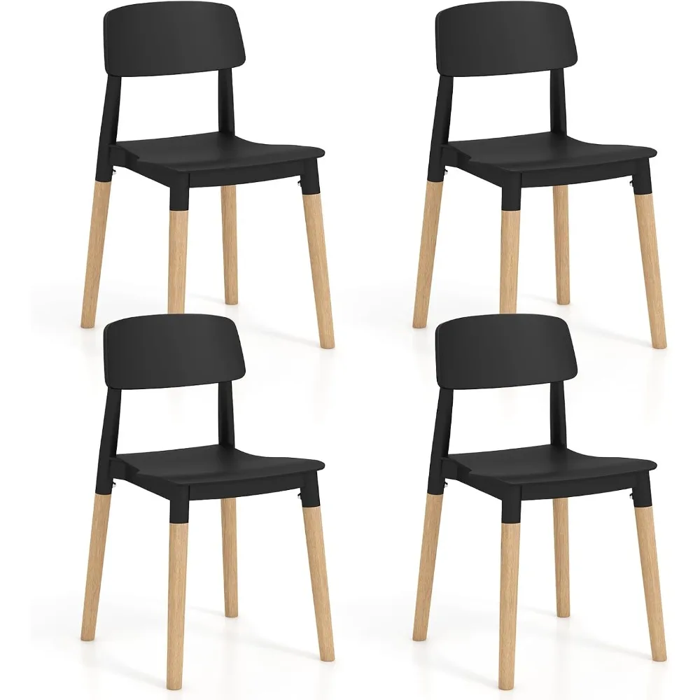 Set of 4 Modern Dining Chairs, Plastic with Wooden Legs, Ergonomic for Home and Commercial Use, Black