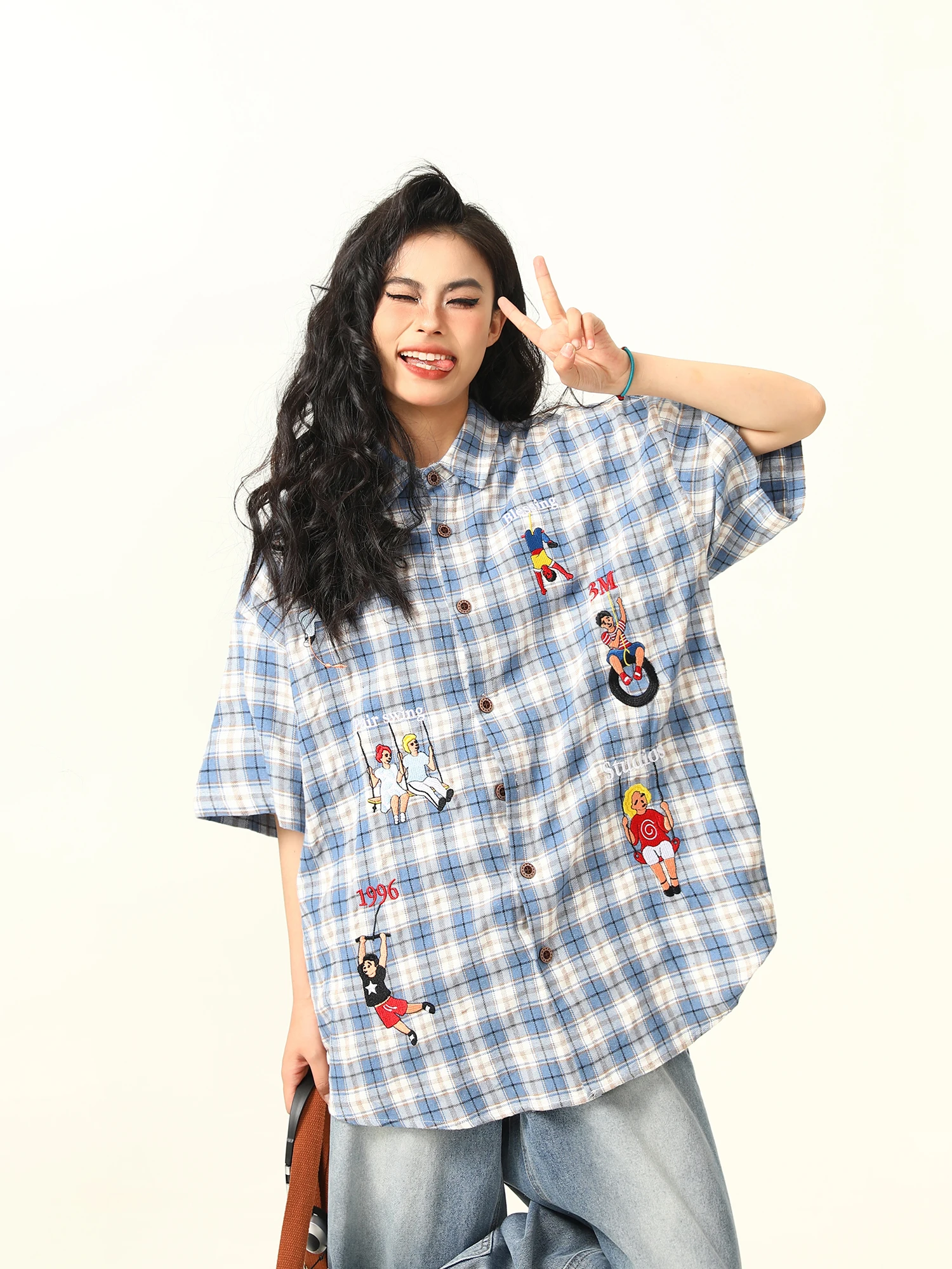 

Wild Original American Retro Plaid ort Sve Женская одежда с вышивкой irt Летний универсальный дизайн Sense Street Sle Свободный крой