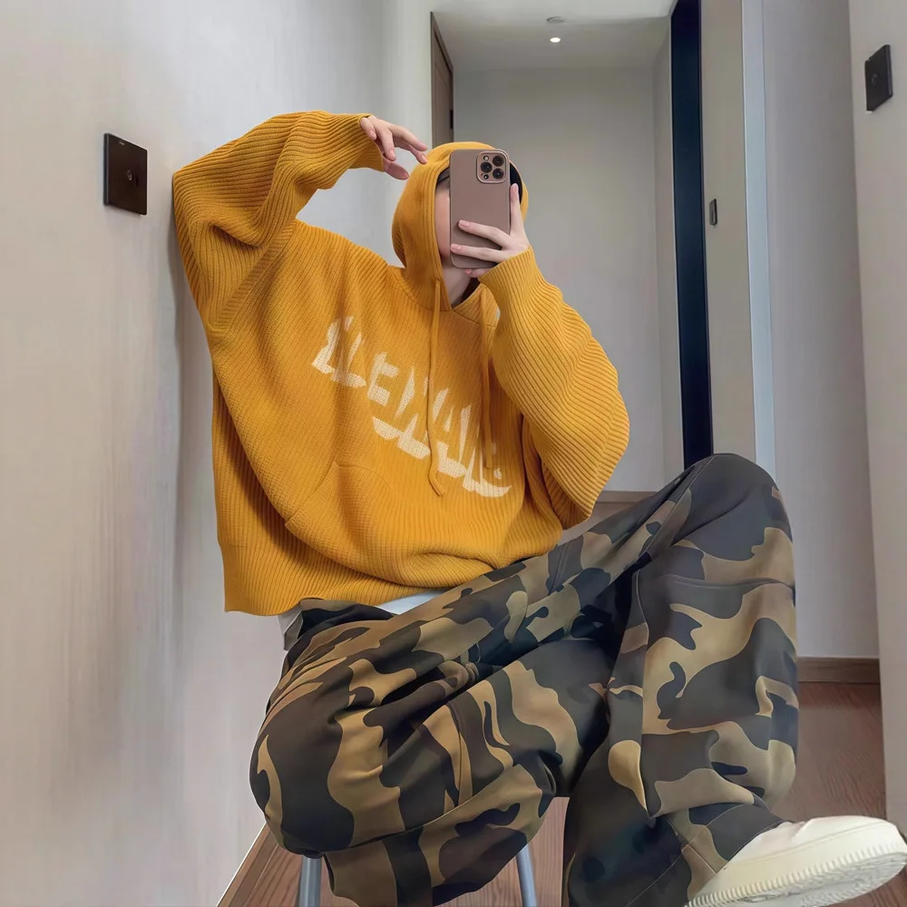 Unisex Knitting Hoodies 2025 Autumn Winter New Retro Lazy Sweater Hooded Heavyweight Soft Cozy Loose Drapey Men's Knit Outerwear