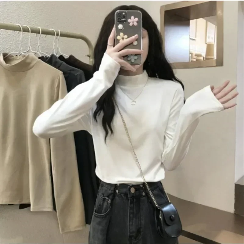 2025 Merk Eenvoudige Effen Kleur Tops Nieuwe vrouwen Witte Lange Mouwen T-Shirt Herfst Winter Afslanken Half Coltrui Dieptepunt shirt