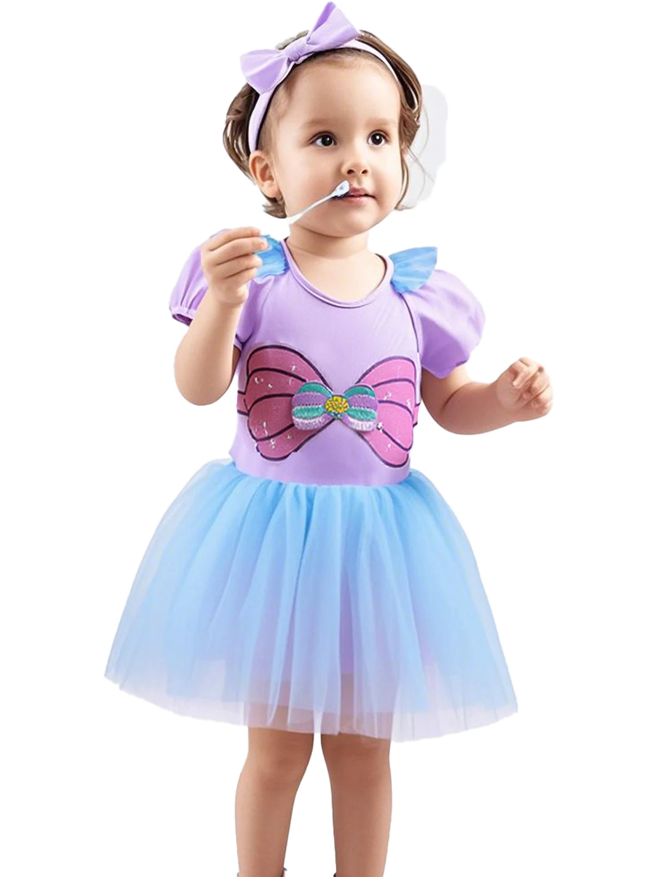 

Infant Girls' Dress Puff Sleeves Summer Bow Graphic Mesh Accents Tulle Skirt Matching Headband Special Events Celebrations