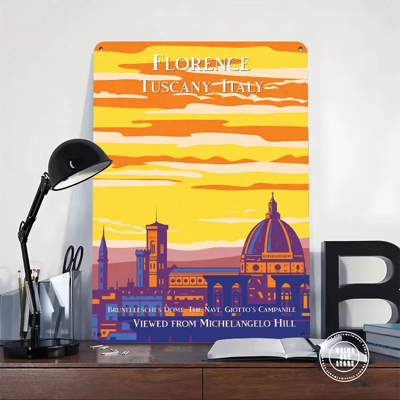 Florence Skyline Italy 3D Printed Texture Poster Personalized Wall Art Retro Metal Tin Signs for Wand Deko Home Decoration House