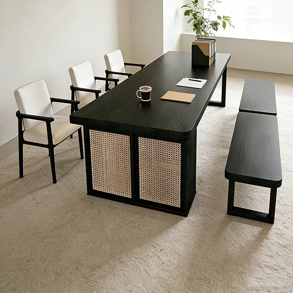 Black solid wood large board table, living room tea table, desk dual-purpose hollow design, oversized desktop