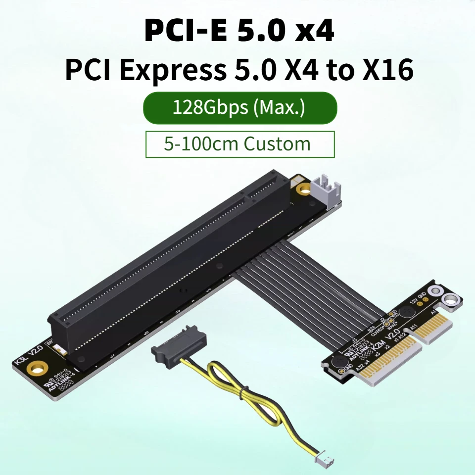 Silver-Plated PCI-E 5.0 X4 to X16 Riser Cable High-Speed Flexible Riser Cable With Baffle Turn to Extender 1U Gen5 X4 Full Speed