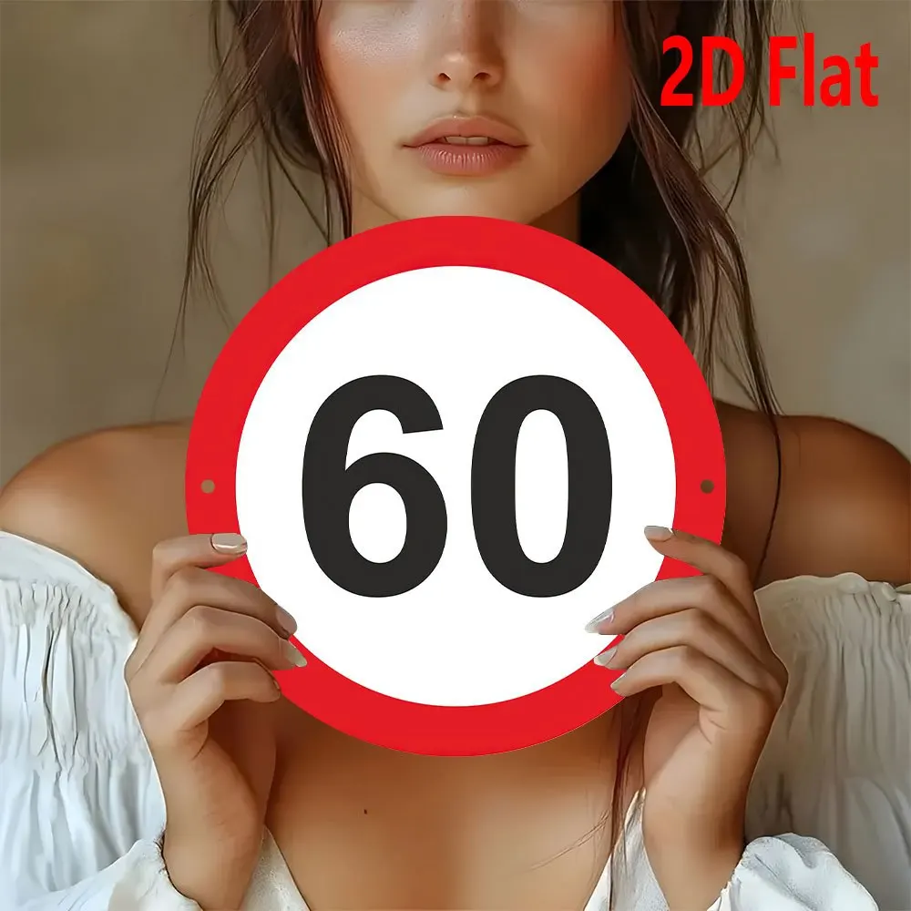 2D Flat, 8-Inch Round Speed Limit 60 Sign - Heavy-Duty Aluminum Red/Black Highway Traffic Decoration with White Number 60 - Indo