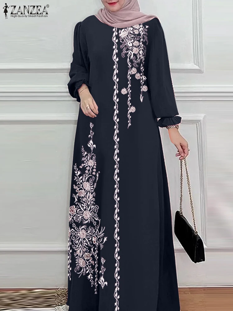 ZANZEA-Robe Longue Vintage pour Femme Musulmane, Abaya, Hijab, Bohème, Imprimé Floral, Dubaï, Turquie, Automne 2025