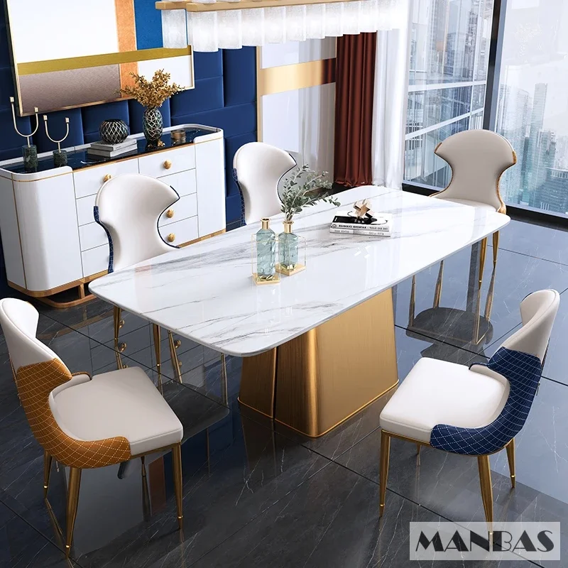 MANBAS Luxury Dining Table Chair Set: 8 Stainless Steel Leather Chairs and Rectangle Sintered Stone Table - Kitchen Furniture