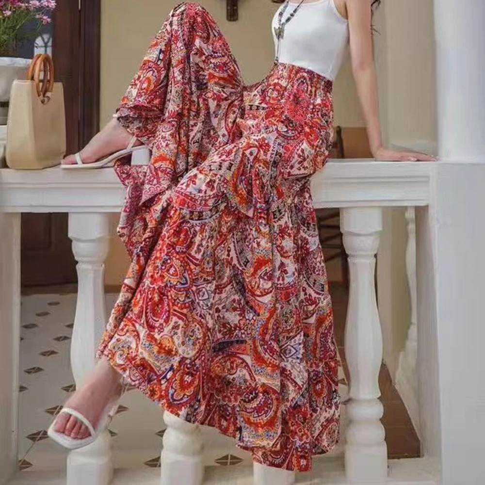 Wide-leg pants summer loose new casual high-waisted trousers beach pants thin printed pants vacation culottes women
