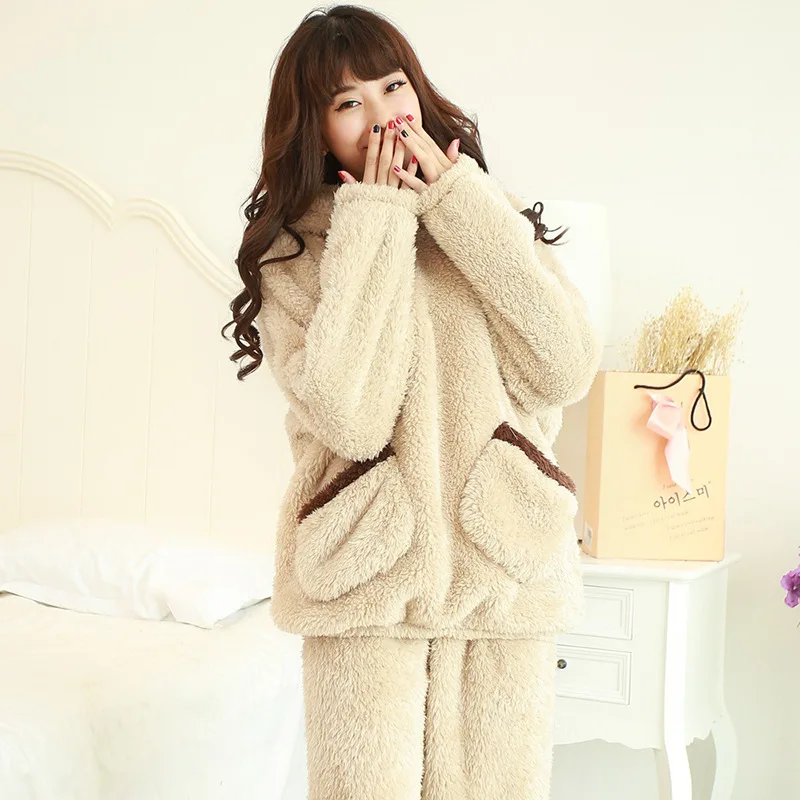 Thickened Warm Autumn Winter Women Cartoon Plush Hooded Bear Sleepwear Ladies Flannel Homewear Set Solid Nightwear Loungewear