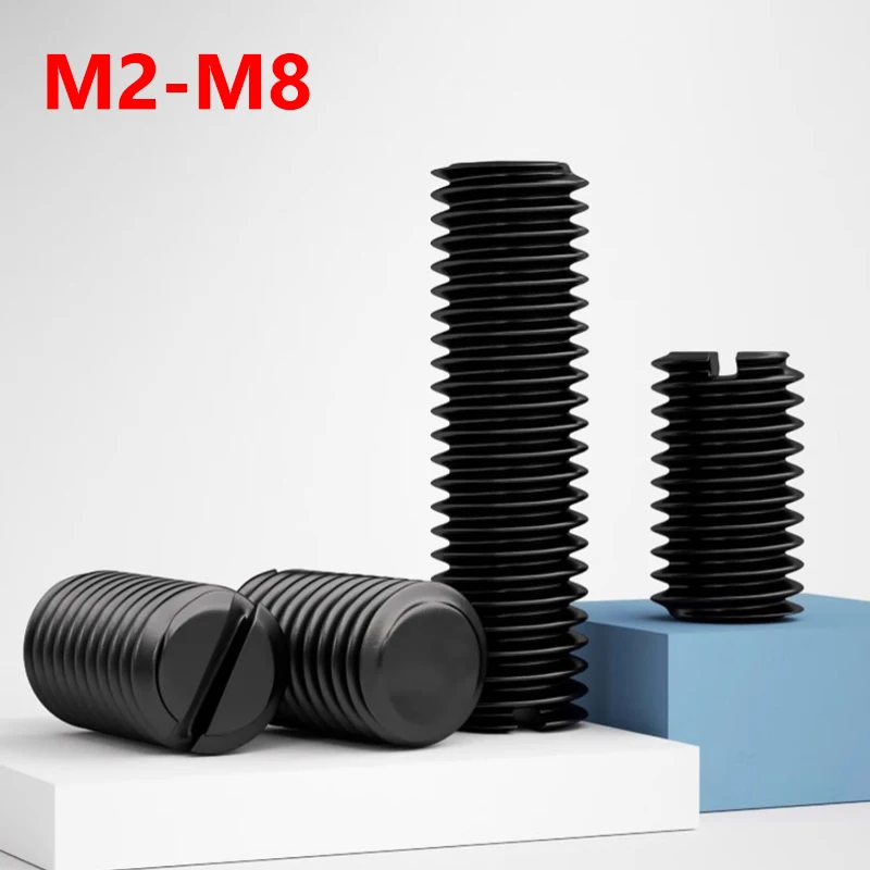 Black Carbon Steel Slotted Set Screws M2 M2.5 M3 M4 M5 M6 M8 Flat Point Headless Fasteners for Machine Tools 3D Printing DIY
