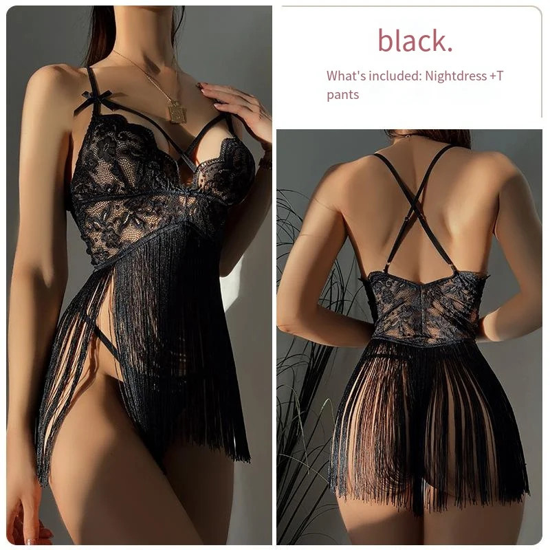 Sexy lingerie, pure lust, see-through lace, deep V, tempting tassel skirt, sexy backless nightgown set