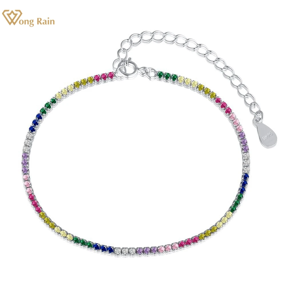 

Wong Rain 100% 925 Sterling Silver 2MM Lab Sapphire Gemstone Tennis Chain Bracelets Bangle Fine Jewelry for Women Gift Wholesale