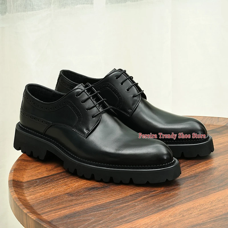 

British Style Pointy Toe Derby Shoes for Men Fashion Cowhide Thick Soled Casual Business Shoes Black Brown Genuine Leather Shoes