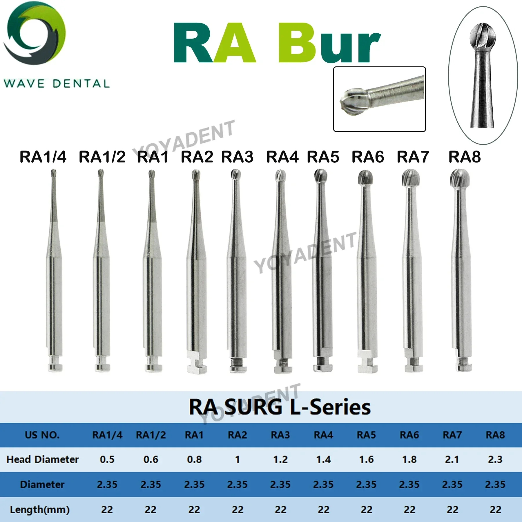 WAVE Fresa dentale Frese in carburo di tungsteno Trapano per odontoiatria a testa tonda per manipolo contrangolo a bassa velocità Diametro 2,35 mm