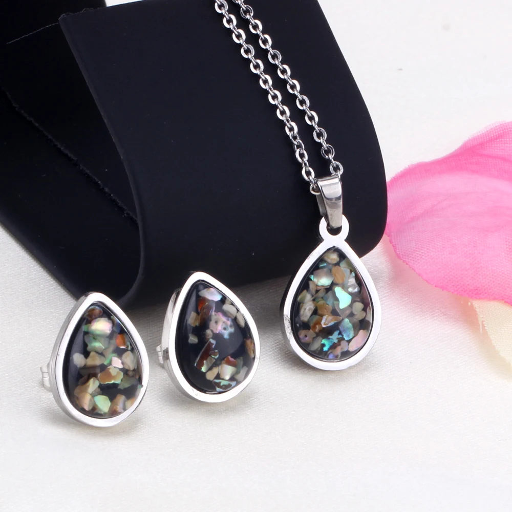 Oval Black Stone Necklace & Stud Earrings Set Stainless Steel Minimalist Teardrop Pendant Jewelry Elegant Stylish Accessory view 5