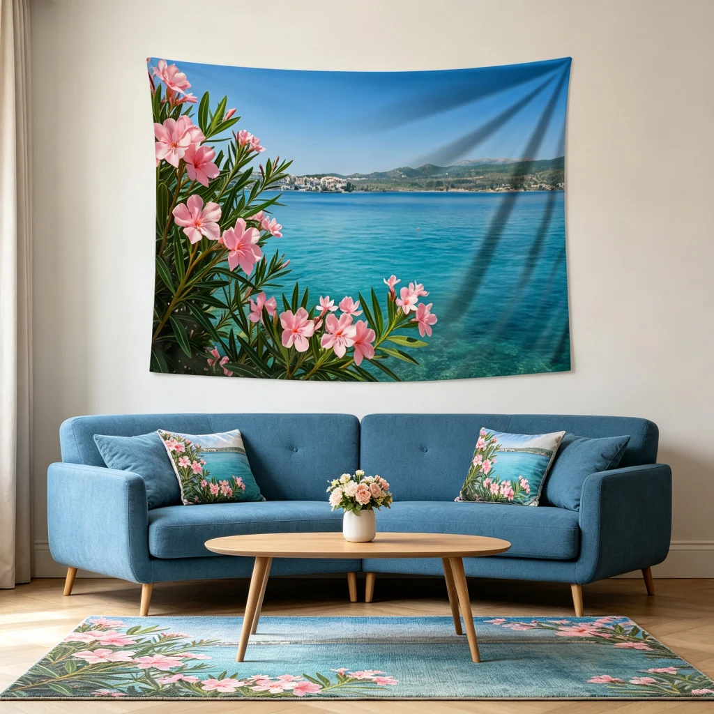 1PC Ocean View Pink Flower Art Print Backdrop Banner, Bedroom Living Room Photo Background, Polyester, Home Decor, Wall Art