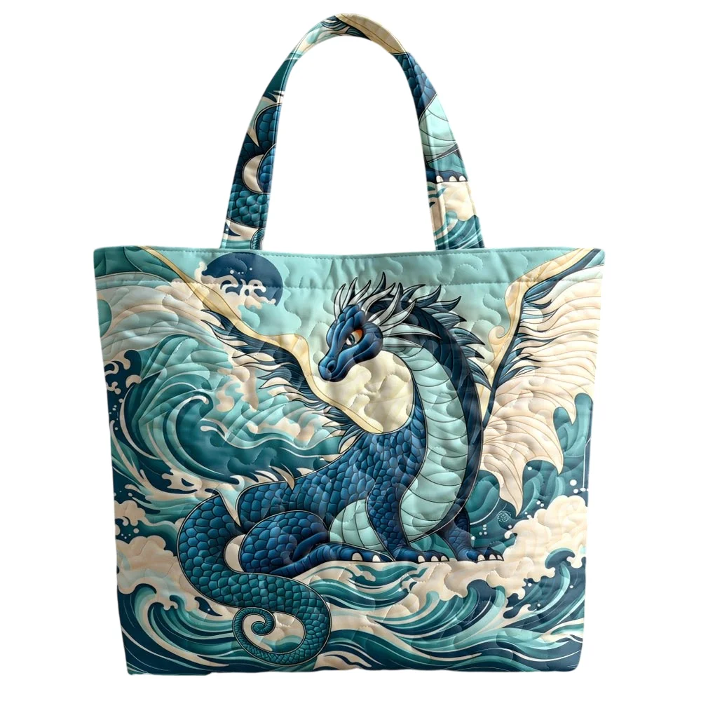 

Water Dragon Quilted Tote Bag Ocean Wave Art Print Large Reusable Beach Bag Casual Handbag for Shopping Travel