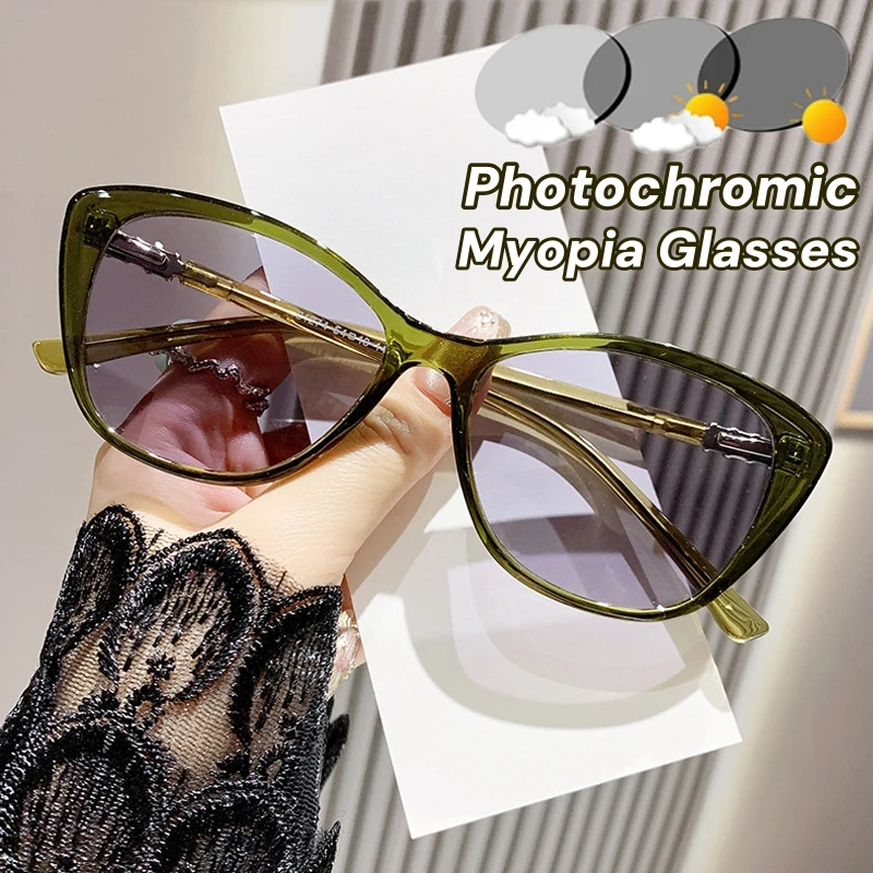 

Ultra Light TR90 Cat Eye Photochromic Myopia Glasses Women Retro Near Sight Glasses Blue Light Blocking Eye Protection Eyewear