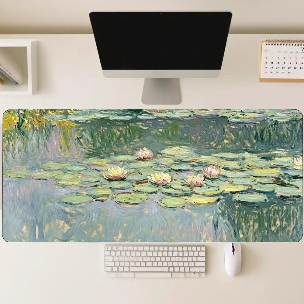 Extra Large Deskmat Monet Water Lilies Print Stitched Border Anti‑Slip Rubber Base Smooth Mat For Gaming Home Office Workspace