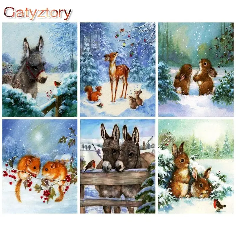 Современная картина по номерам GATYZTORY, рисование на холсте с изображением снега и животных, Раскраска по номерам, домашние украшения для детей