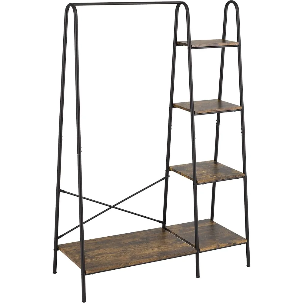 

Rustic Clothes Rack, Clothing Rack for Hanging Clothes Heavy Duty Garment Rack with 5 Wood Shelves Freestanding Portable