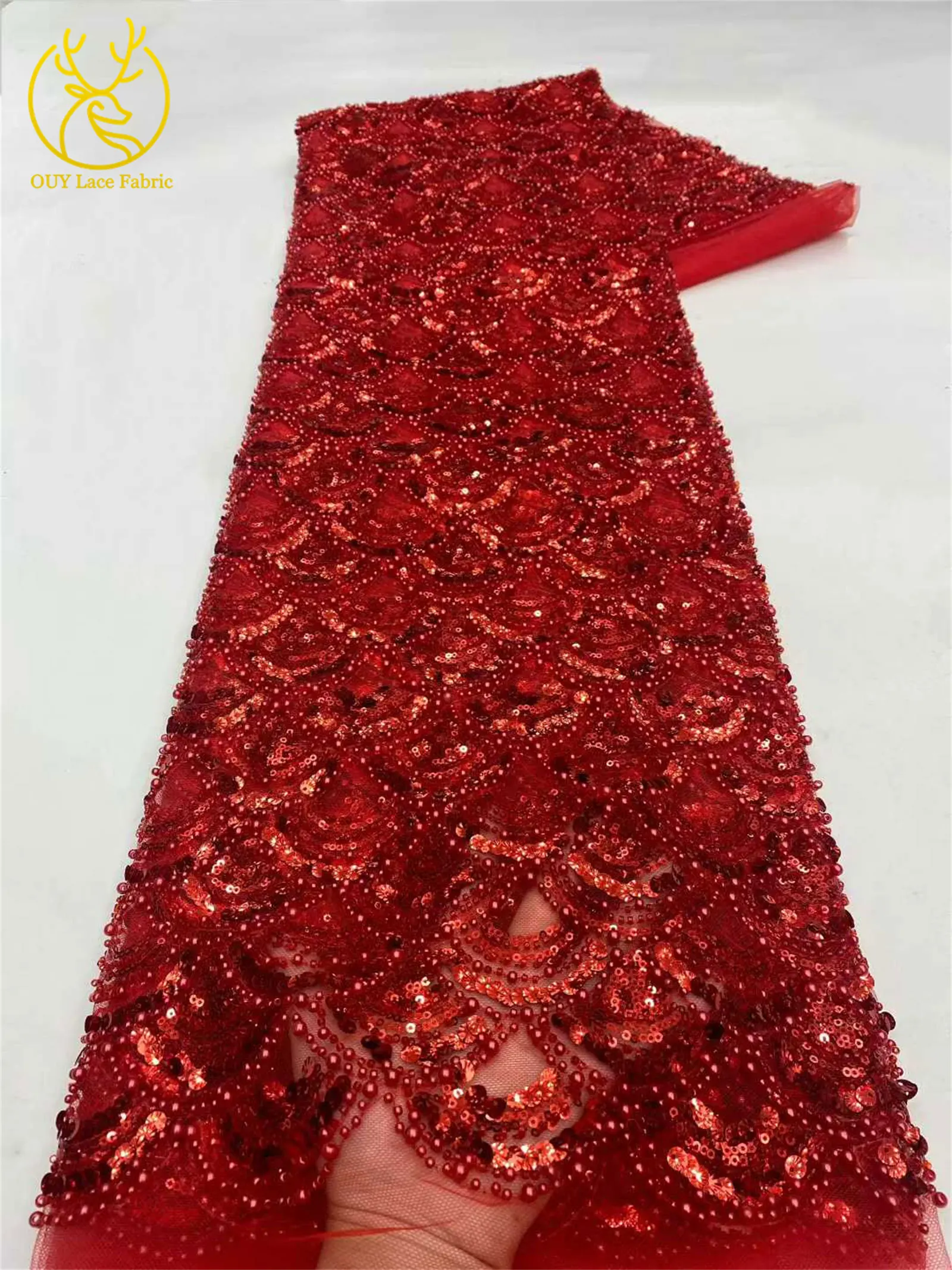 Tiefblauer afrikanischer schwerer Perlen-Spitzenstoff 2026 Hochwertiger nigerianischer Pailletten-Spitzenstoff für Hochzeit, Party, Kleid, 5 Yards – Detail 13