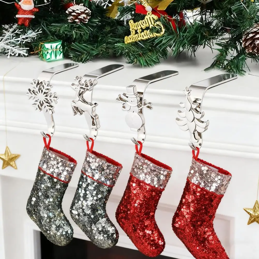 Shatterproof Mantel Hooks Christmas Mantel Hook Metal Christmas Stocking Holder Hook for Mantel Fireplace Snowflake Reindeer
