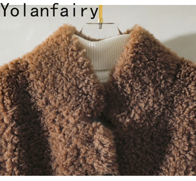 YOLANFAIRY-Casaco de lã feminino com pele natural, comprimento médio, cordeiro, casacos de inverno, roupas femininas, 100% lã, corte, 2024